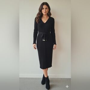 Calvin Klein Black Long Sleeve  Knitted Rib Tie Waist Women's Midi Dress Size L